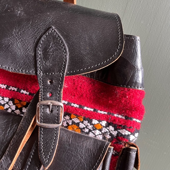 Vintage 70s Boho Genuine Leather Moroccan Carpet Backpack - Picture 2 of 8